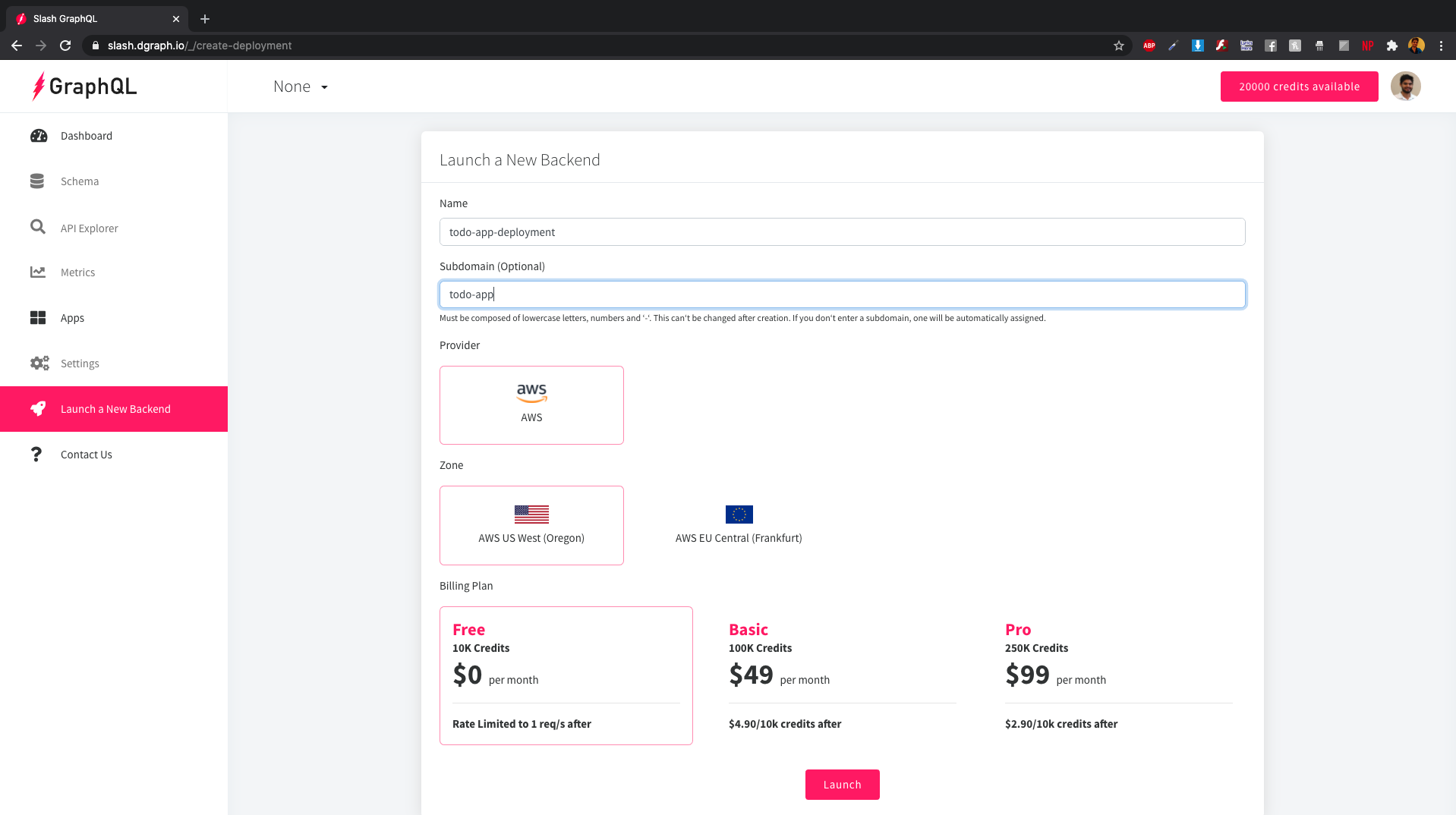 Slash-GraphQL: Create deployment